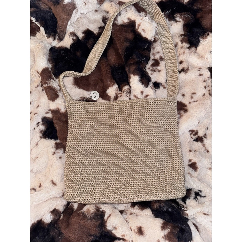 Vtg 1990s THE SAK Tan Crochet Shoulder Bucket BOHO Bag Purse Crossbody READ